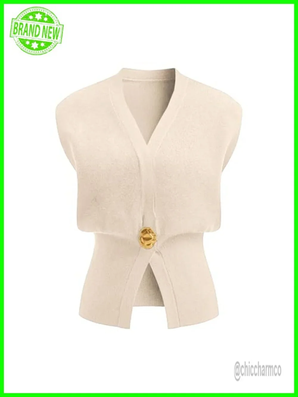 Sleeveless Sweater Vest Deep V-Neck Button Down Waist Cinched Knit Pullover